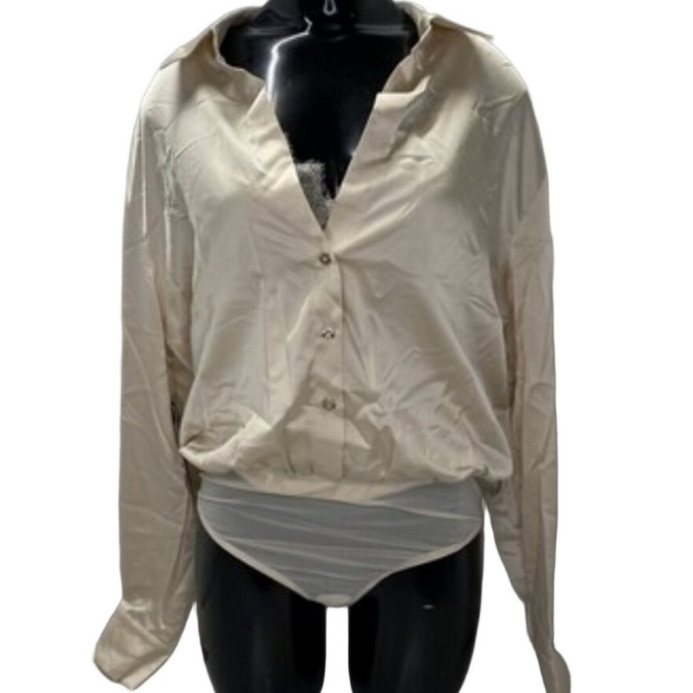 NEW MARCIANO Women’s Sky Satin Long-Sleeve Button-Up Bodysuit – Neutral Beige 10